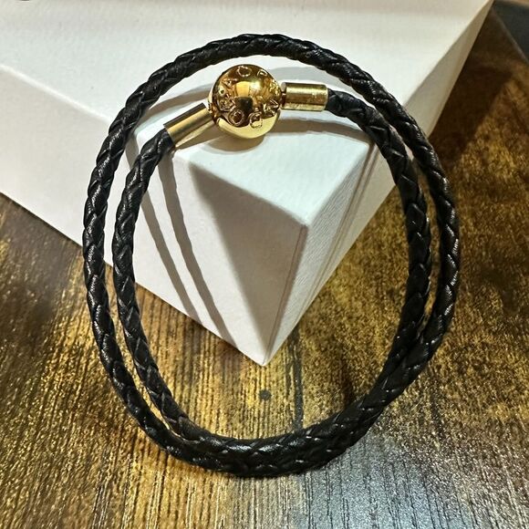 Authentic Pandora Black Leather Double Wrap Bracelet, Gold Plated Clasp, SZ 23CM - Picture 1 of 7